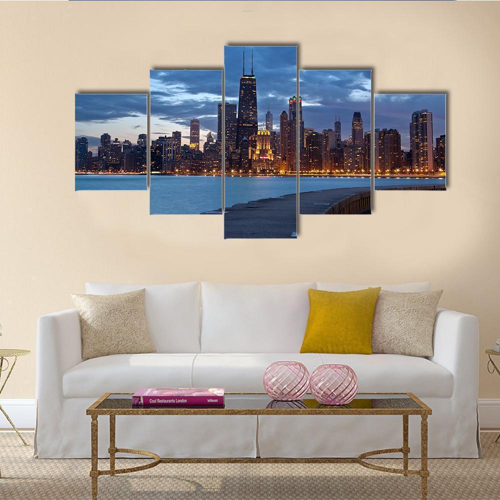 Twilight Blue Hour At City Of Chicago - Nature 5 Panel Canvas Art Wall Decor Twilight Blue Hour At City Of Chicago - Nature 5 Panel Canvas Art Wall Decor