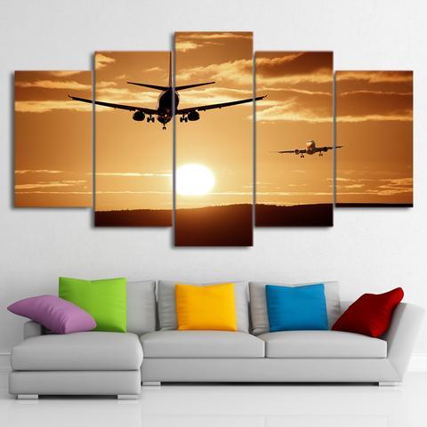 Two Airplanes In Sunset - Airplane 5 Panel Canvas Art Wall Decor Two Airplanes In Sunset - Airplane 5 Panel Canvas Art Wall Decor
