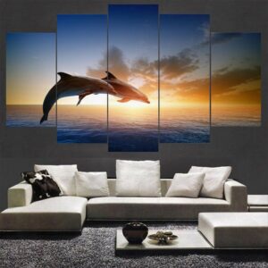 Two Dolphins Jumping Ocean - Animal 5 Panel Canvas Art Wall Decor