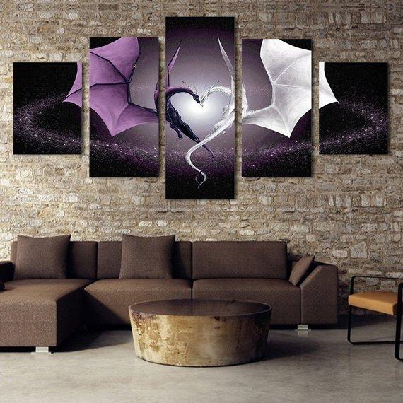 Two Dragons - Abstract Animal 5 Panel Canvas Art Wall Decor Two Dragons - Abstract Animal 5 Panel Canvas Art Wall Decor