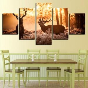 Two Elk In The Forest - Animal 5 Panel Canvas Art Wall Decor