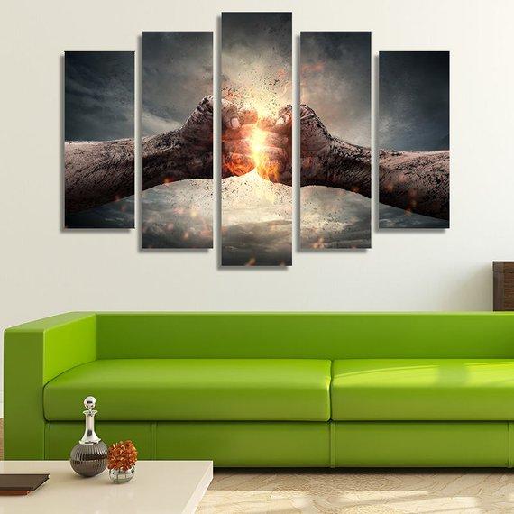 Two Fists Hitting Each Other - Abstract 5 Panel Canvas Art Wall Decor Two Fists Hitting Each Other - Abstract 5 Panel Canvas Art Wall Decor