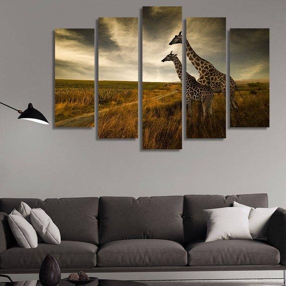 Two Giraffes - Animal 5 Panel Canvas Art Wall Decor Two Giraffes - Animal 5 Panel Canvas Art Wall Decor