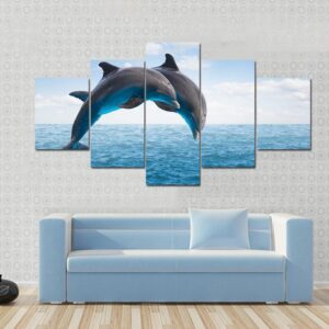 Two Jumping Dolphins Seascape With Deep Ocean Waters - Animal 5 Panel Canvas Art Wall Decor