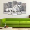 Two White Wild Horses Galloping - Animal 5 Panel Canvas Art Wall Decor