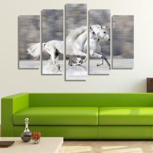 Two White Wild Horses Galloping - Animal 5 Panel Canvas Art Wall Decor