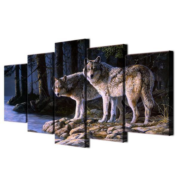Two Wolves At Night By Water 01 - Animal 5 Panel Canvas Art Wall Decor Two Wolves At Night By Water 01 - Animal 5 Panel Canvas Art Wall Decor