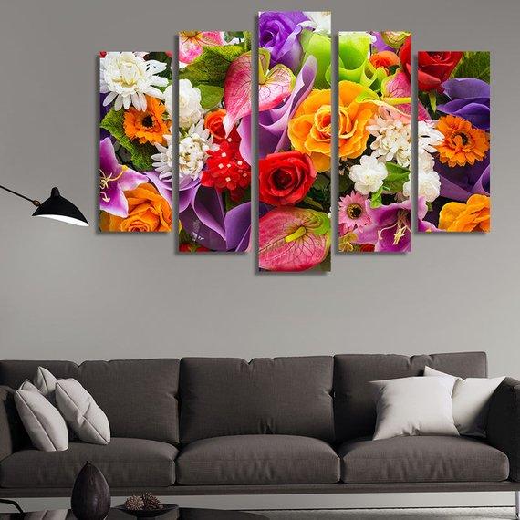 Types Of Flowers - Nature 5 Panel Canvas Art Wall Decor Types Of Flowers - Nature 5 Panel Canvas Art Wall Decor