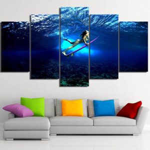 Underwater Girl Surfing - Ocean 5 Panel Canvas Art Wall Decor