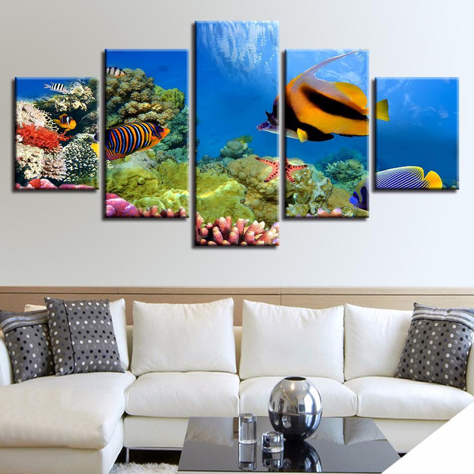 Underwater Sea Fish Coral Reef Goldfish -Animal 5 Panel Canvas Art Wall Decor Underwater Sea Fish Coral Reef Goldfish -Animal 5 Panel Canvas Art Wall Decor