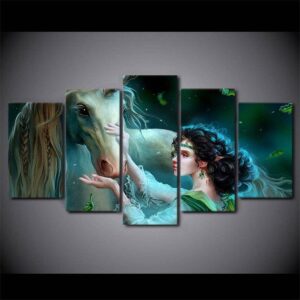 Unicorn And Girl - Abstract Animal 5 Panel Canvas Art Wall Decor