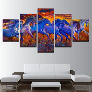 Unset Running Horses - Abstract Animal 5 Panel Canvas Art Wall Decor