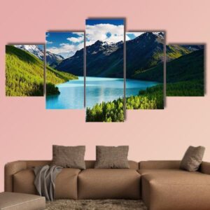 Urquoise Lake Kucherlinskoe In Altai Mountains - Nature 5 Panel Canvas Art Wall Decor