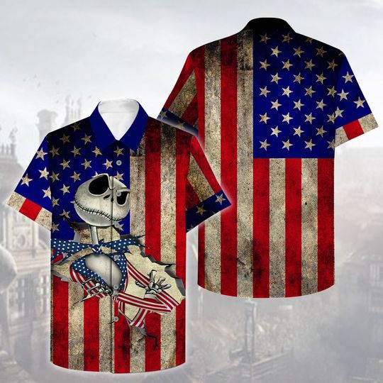 Us American Flag Jack Skellington Hawaiian Shirt Us American Flag Jack Skellington Hawaiian Shirt