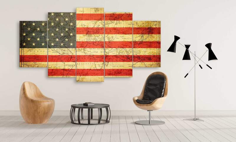 Usa Flag Overlay With Magnetic Curves World Map - World Map 5 Panel Canvas Art Wall Decor Usa Flag Overlay With Magnetic Curves World Map - World Map 5 Panel Canvas Art Wall Decor