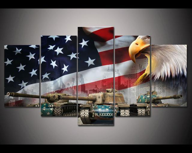 Usa Flag ??? Tank And Eagle - Army 5 Panel Canvas Art Wall Decor Usa Flag ??? Tank And Eagle - Army 5 Panel Canvas Art Wall Decor