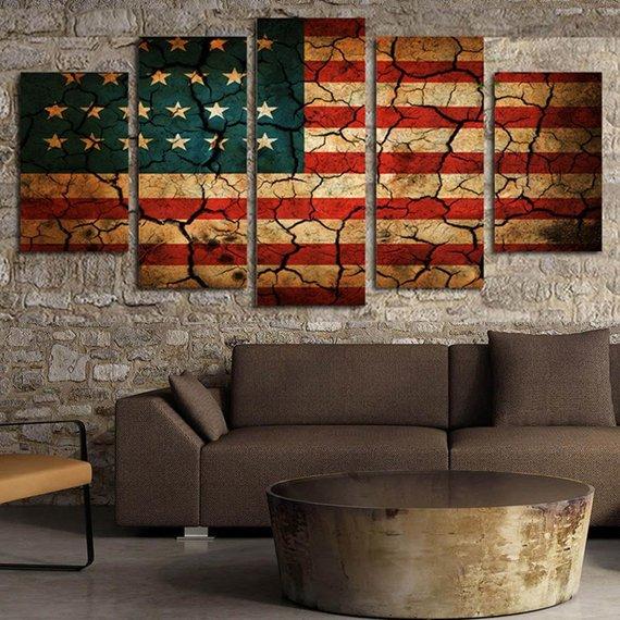 Usa Flag Vintage American Flag 1 - Abstract 5 Panel Canvas Art Wall Decor Usa Flag Vintage American Flag 1 - Abstract 5 Panel Canvas Art Wall Decor