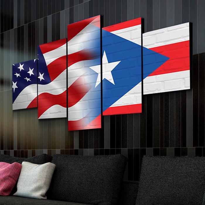 Usa Puerto Rico Flag - Abstract 5 Panel Canvas Art Wall Decor Usa Puerto Rico Flag - Abstract 5 Panel Canvas Art Wall Decor