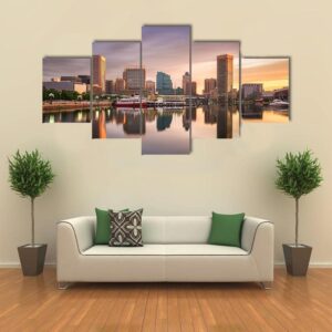 Usa Skyline At The Inner Harbor - Nature 5 Panel Canvas Art Wall Decor