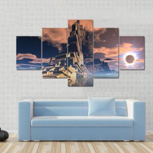 Uturistic Alien City At Lunar Eclipse - Abstract 5 Panel Canvas Art Wall Decor