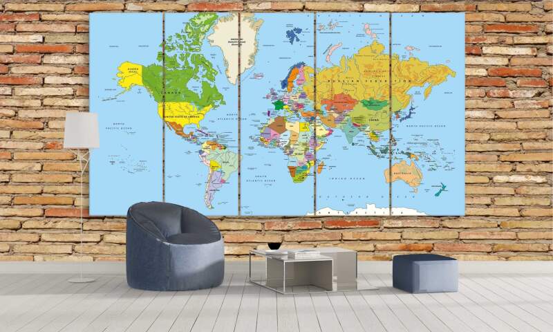 Veducational World Map - World Map 5 Panel Canvas Art Wall Decor Veducational World Map - World Map 5 Panel Canvas Art Wall Decor