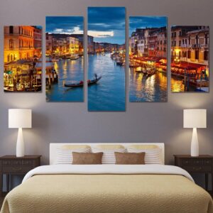 Venice Water City Boat Light - Nature 5 Panel Canvas Art Wall Decor