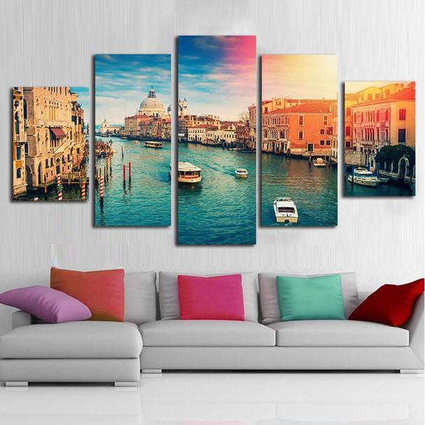 Venice Water City Ship Sunset Scenery - Nature 5 Panel Canvas Art Wall Decor Venice Water City Ship Sunset Scenery - Nature 5 Panel Canvas Art Wall Decor