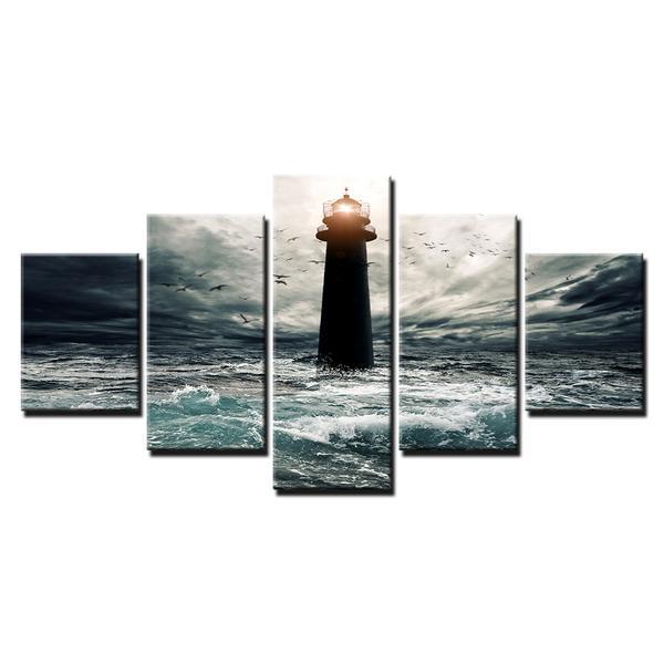 Victory Ocean Lighthouse Seascape Storm - Ocean 5 Panel Canvas Art Wall Decor Victory Ocean Lighthouse Seascape Storm - Ocean 5 Panel Canvas Art Wall Decor