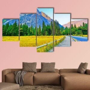View From Yosemite Valley At Dawn In Autumn - Nature 5 Panel Canvas Art Wall Decor