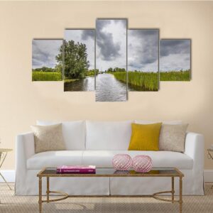 View In Canal Banks With Reeds And Typha - Nature 5 Panel Canvas Art Wall Decor