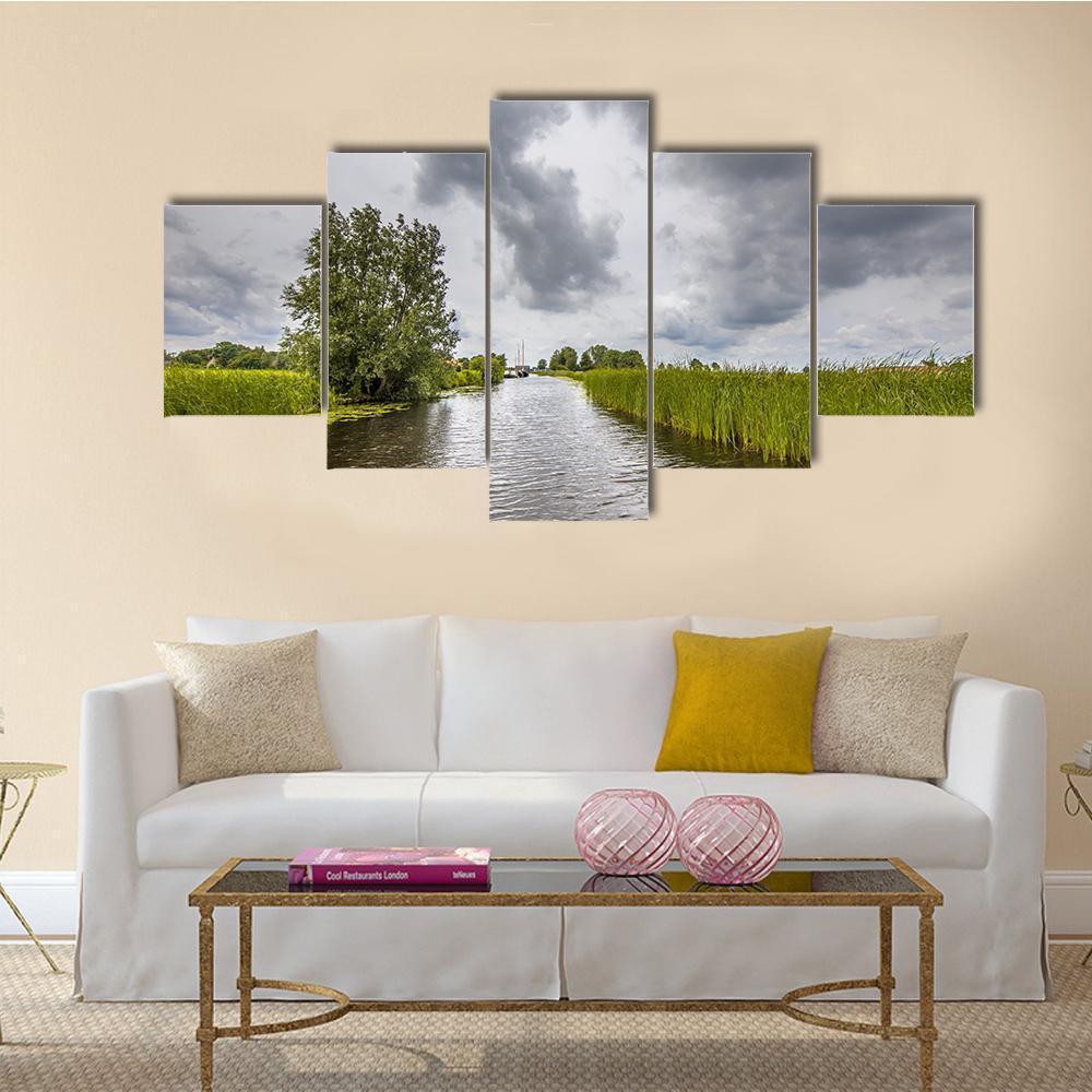 View In Canal Banks With Reeds And Typha - Nature 5 Panel Canvas Art Wall Decor View In Canal Banks With Reeds And Typha - Nature 5 Panel Canvas Art Wall Decor