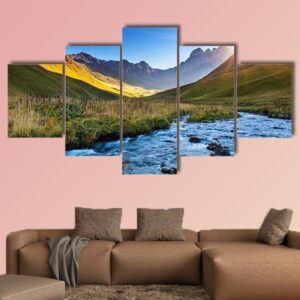 View Of Mountain River In Summer Juta Village - Nature 5 Panel Canvas Art Wall Decor