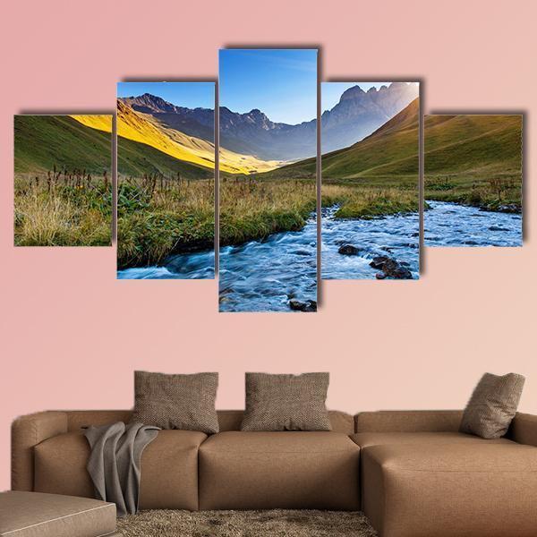 View Of Mountain River In Summer Juta Village - Nature 5 Panel Canvas Art Wall Decor View Of Mountain River In Summer Juta Village - Nature 5 Panel Canvas Art Wall Decor