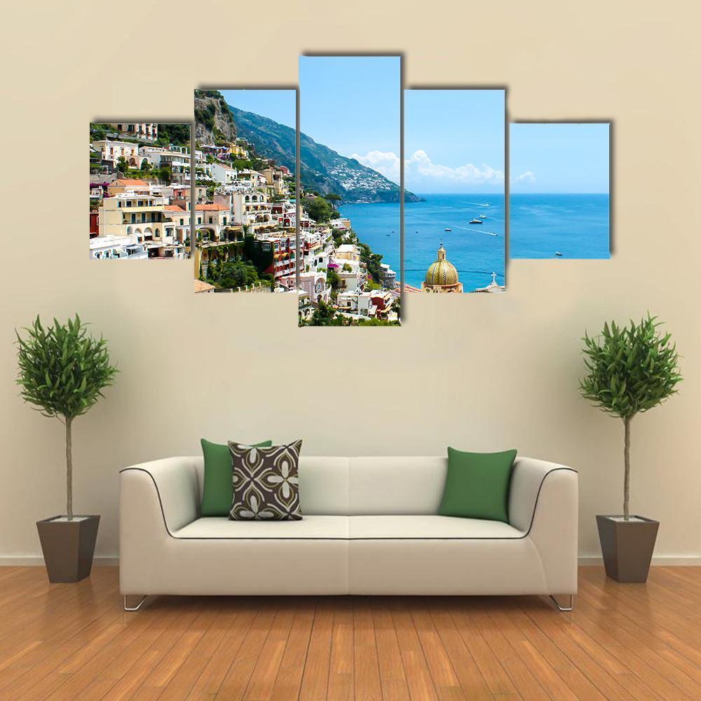 View Of Positano Town On The Amalfi Coast - Nature 5 Panel Canvas Art Wall Decor View Of Positano Town On The Amalfi Coast - Nature 5 Panel Canvas Art Wall Decor