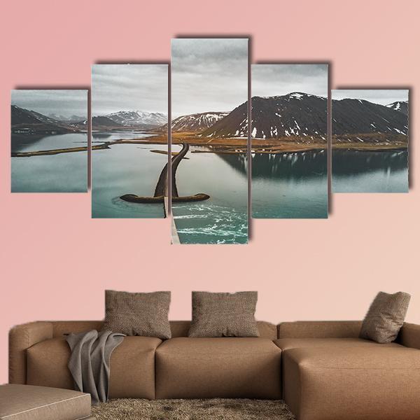 View Of Road 1 In Iceland With Bridge Over Sea With Mountains - Nature 5 Panel Canvas Art Wall Decor View Of Road 1 In Iceland With Bridge Over Sea With Mountains - Nature 5 Panel Canvas Art Wall Decor