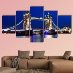 View Of Tower Bridge In London At Night - Nature 5 Panel Canvas Art Wall Decor