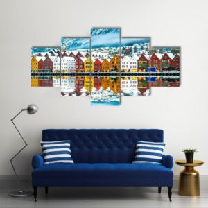 View On Bruges Bergen In Norway - Nature 5 Panel Canvas Art Wall Decor