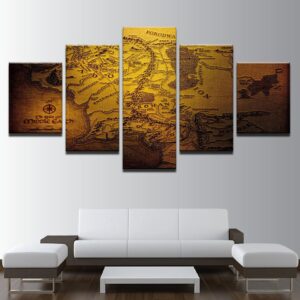 Vintage Abstract Middle Earth Map - Abstract 5 Panel Canvas Art Wall Decor