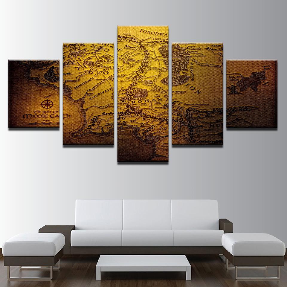 Vintage Abstract Middle Earth Map - Abstract 5 Panel Canvas Art Wall Decor Vintage Abstract Middle Earth Map - Abstract 5 Panel Canvas Art Wall Decor