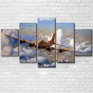 Vintage Air Plane Jet Aircraft Airplane Sky Clouds - Aircraft 5 Panel Canvas Art Wall Decor