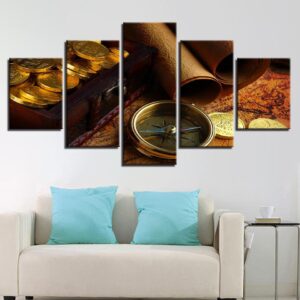Vintage Compass Treasure Map - Abstract 5 Panel Canvas Art Wall Decor