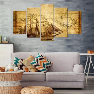 Vintage Navigation - Nature Abstract 5 Panel Canvas Art Wall Decor Vintage Navigation - Nature Abstract 5 Panel Canvas Art Wall Decor