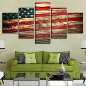 Vintage Wood Looking Us American Flag - Abstract 5 Panel Canvas Art Wall Decor