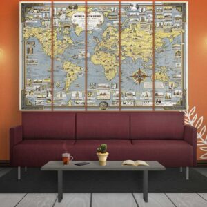Vintage World Map 04 - World Map 5 Panel Canvas Art Wall Decor
