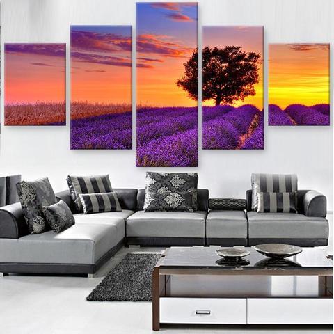 Violet Sunset - Nature 5 Panel Canvas Art Wall Decor Violet Sunset - Nature 5 Panel Canvas Art Wall Decor