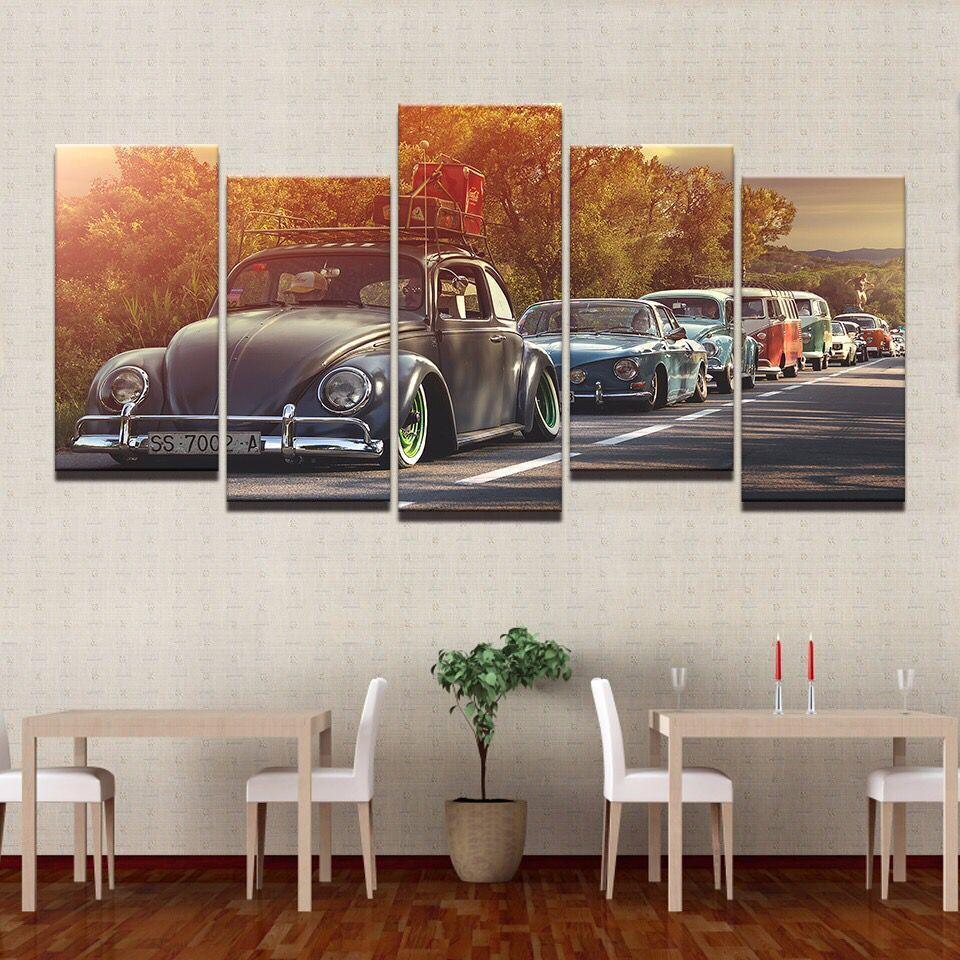Volkswagen Beetle Car On Retro Sunset - Automative 5 Panel Canvas Art Wall Decor Volkswagen Beetle Car On Retro Sunset - Automative 5 Panel Canvas Art Wall Decor