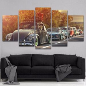 Volkswagen Beetles Vintage Car Road Trees Cars - Automative 5 Panel Canvas Art Wall Decor
