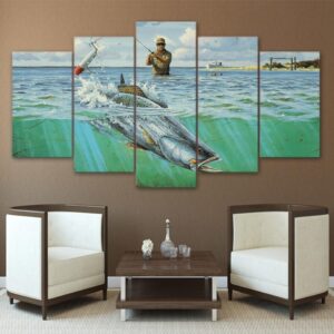 Wading For Speckled Trout Fishing - Fishing 5 Panel Canvas Art Wall Decor