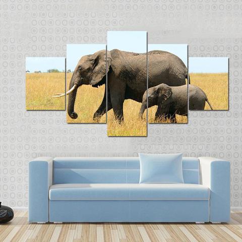 Walking African Elephants 1 - Animal 5 Panel Canvas Art Wall Decor Walking African Elephants 1 - Animal 5 Panel Canvas Art Wall Decor