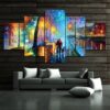 Walking In The Rain Nightscape - Abstract 5 Panel Canvas Art Wall Decor